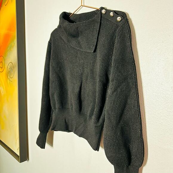 Milly Black Turtleneck Silver Button Accent Merino Wool Chunky Sweater Size L - Picture 10 of 10